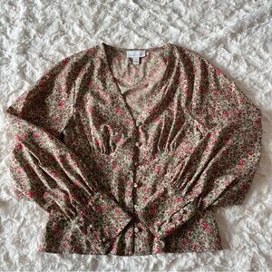 Topshop Green Red Floral Button-Down Blouse | Holiday Romantic Cottagecore Top 4